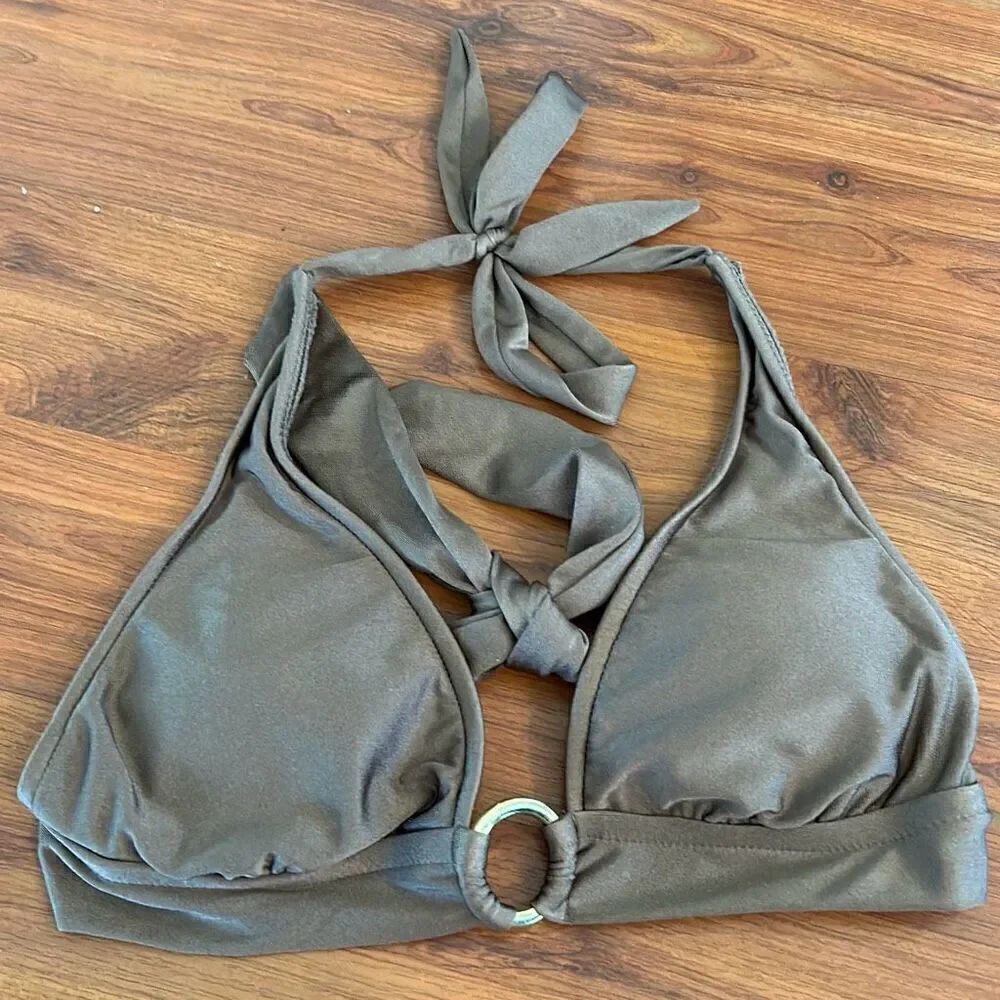 Taupe swimsuit top bathing suit top triangle top with gold circle size small